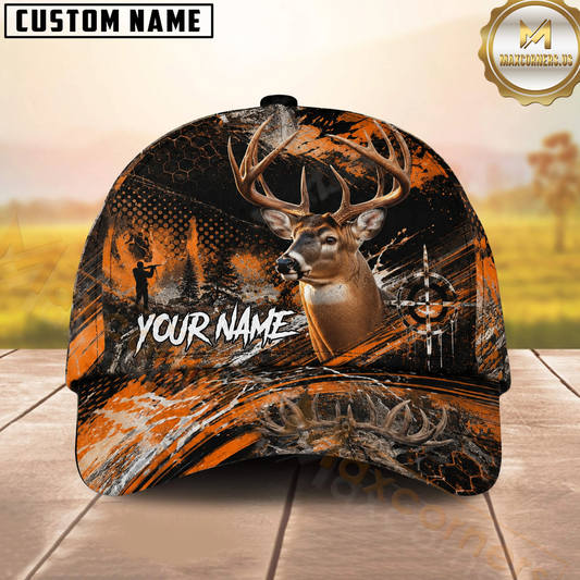 Maxcorners Whitetail Buck Hunting Orange Grunge Target Multiple Options Personalized Name 3D Cap
