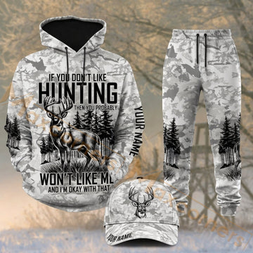 Maxcorners Hunting Deer Forest Won’t Follow Me Home White Camo Personalized 3D Combo Hoodie, Sweatpants Set & Cap