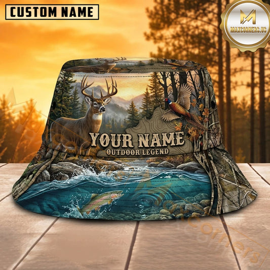Maxcorners Deer Hunting Turquoise River Mountain Personalized Name 3D Bucket Hat