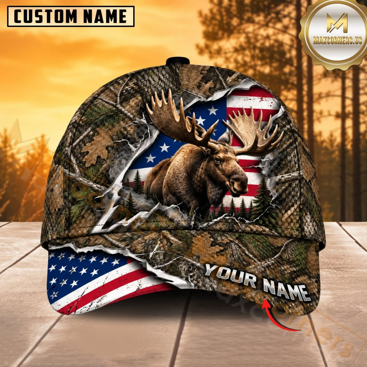 Maxcorners Hunting Wildlife Woodland Camo Ripped American Flag Personalized Name 3D Cap