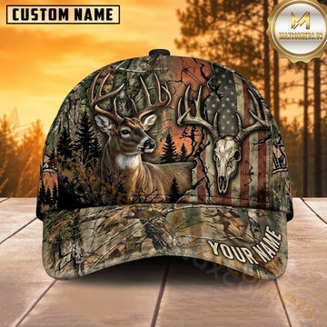 Maxcorners Deer Hunting Whitetail Buck Buck and Antler Skull Rustic Forest Camo Customized Name 3D Cap
