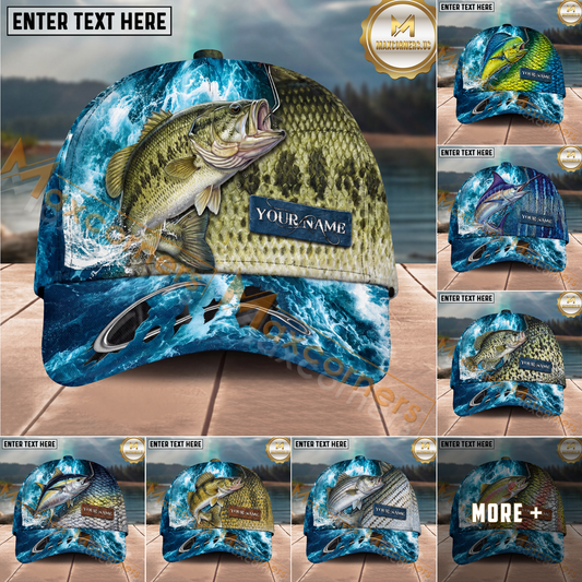 Maxcorners Fishing Ocean Splash Fish Scale Multiple Options Personalized Name 3D Cap  (12 Fish Species)