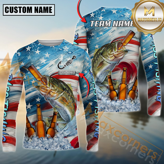 Maxcorners Fishing Beer & Usa Flag Graphic  Sun Protection Personalized Name, Team Name 3D Long Sleeve Shirt