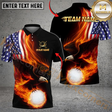 Maxcorners Patriotic Fire Eagle Golf Polo Customized Name, Team Name 3D Shirts