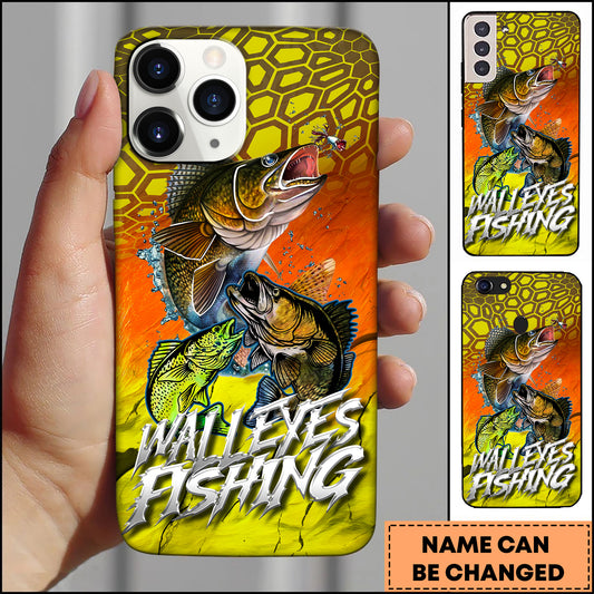 Maxcorners Walleye Fishing Honeycomb Orange Yellow Personalized Name 3D Phone Case