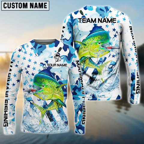 Maxcorners Mahi-Mahi Fishing Blue White American Flag Personalized Name, Team Name 3D Shirt