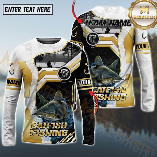 Maxcorners Angler Fishing Team Personalized Name, Team Name 3D Long Sleeve Shirt (Large Mouth Bass, Walleye, Trout, Crappie, Catfish, Pike