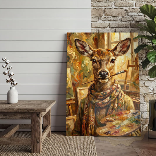 Maxcorners Vintage Style Deer Canvas Art - Artistic Stag with Paintbrush Decor