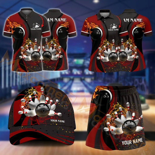Maxcorners Bowling Bowling Ball And Pins Strike Design Personalized Team Sportswear Set - Polo Shirt, Cap & Skorts