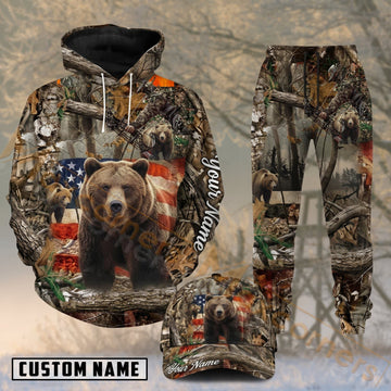 Maxcorners Hunting Brown Bear American Flag Woodland Camo Personalized 3D Combo Hoodie, Sweatpants Set & Cap