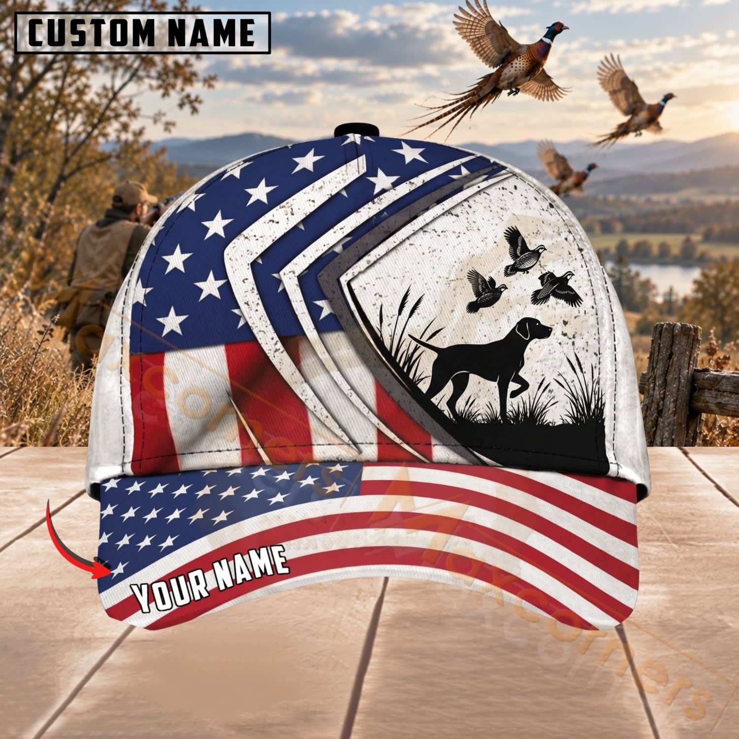 Maxcorners Upland Bird Hunting American Flag Hunter Silhouette Personalized Name 3D Cap