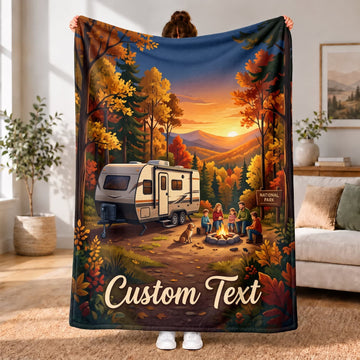 Maxcorners RVs Travel Trailer Autumn Lakeside Sunset Custom Name 3D Blanket
