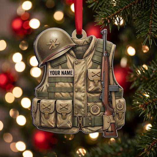 Maxcorners Veteran Field Vest Helmet And Rifle Personalized Name 3D Keychain And Ornament