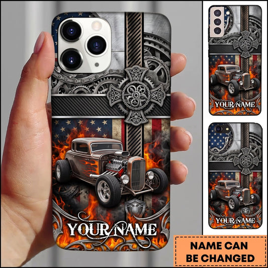Maxcorners Hot Rod Vintage Engine Skull and Orange Flame Personalized Name 3D Phone Case