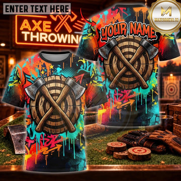 Maxcorners Axe Throwing Rainbow Flame Crossed Axes Personalized Name 3D Unisex Shirt