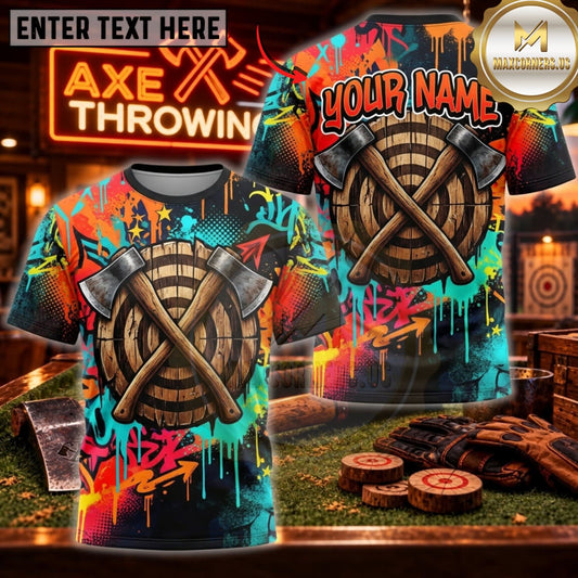 Maxcorners Axe Throwing Rainbow Flame Crossed Axes Personalized Name 3D Unisex Shirt