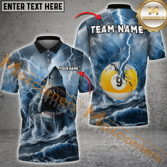Maxcorners Ball 9 Shark and Lightning Billiard Jersey Multicolor Option Customized Name, Team Name 3D Polo Shirt