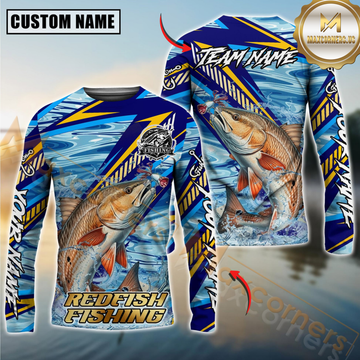 Maxcorners Redfish Fishing Yellow Blue Lightning Pattern Design Custom Name & Team Name 3D Shirts