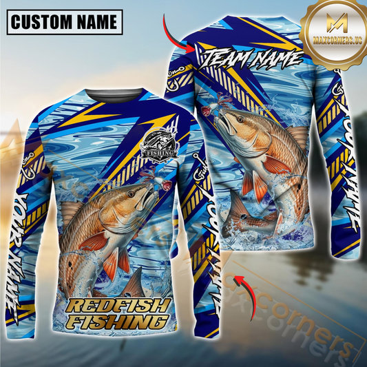 Maxcorners Redfish Fishing Yellow Blue Lightning Pattern Design Custom Name & Team Name 3D Shirts