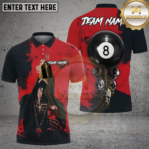 Maxcorners Billiards Ball 8 Smoke Drink Chain Skull Personalized Name Shirt Red TU0808