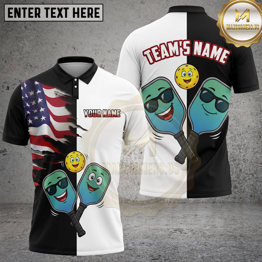 Maxcorners Pickleball Polo Patriotic Cartoon Paddles Multiple Options Personalized Name, Team Name 3D Shirt