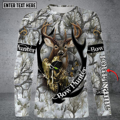 Maxcorners Custom Name White-tailed Deer Archery Bow Hunting Snow Winter Camo 3D All Over Printed Long Sleeve Shirt