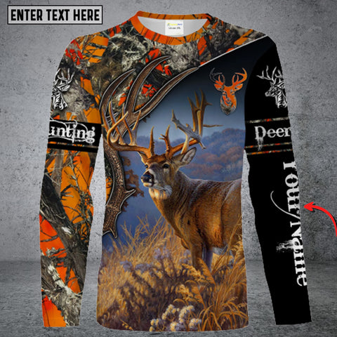 Maxcorners Deer Hunting Big Game Orange Camo Deer Skull Customize Name 3D All Over Printed Long Sleeve Shirt