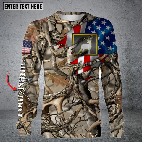 Maxcorners Deer Skull Hunting Camo American Flag Patriotic Customize Name 3D All Over Printed Long Sleeve Shirt