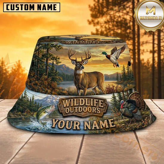 Maxcorners Deer Hunting Golden Meadow Outdoors Personalized Name 3D Bucket Hat