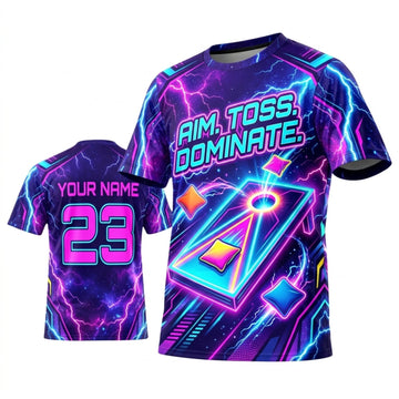 Maxcorners Cornhole Aim Toss Dominate Neon Purple Cyan Personalized Name 3D Unisex Shirt