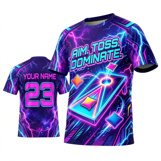 Maxcorners Cornhole Aim Toss Dominate Neon Purple Cyan Personalized Name 3D Unisex Shirt