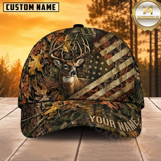 Maxcorners Deer Hunting Whitetail Buck Distressed American Flag Oak Leaf Camo Customized Name 3D Cap