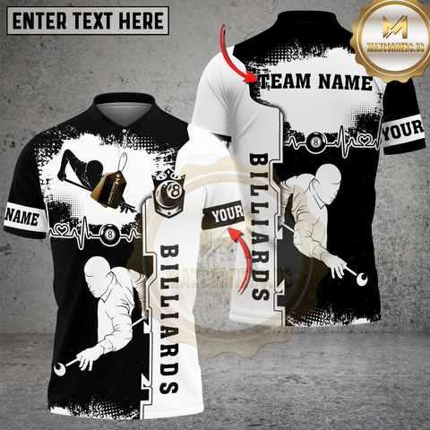 Maxcorners Billiards Black White Heartbeat Player Personalized Name 3D Unisex Shirt