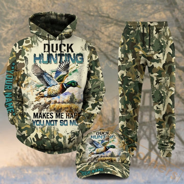 Maxcorners Hunting Duck Hunting Makes Me Happy Woodland Camo Personalized 3D Combo Hoodie, Sweatpants Set & Cap