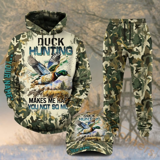 Maxcorners Hunting Duck Hunting Makes Me Happy Woodland Camo Personalized 3D Combo Hoodie, Sweatpants Set & Cap