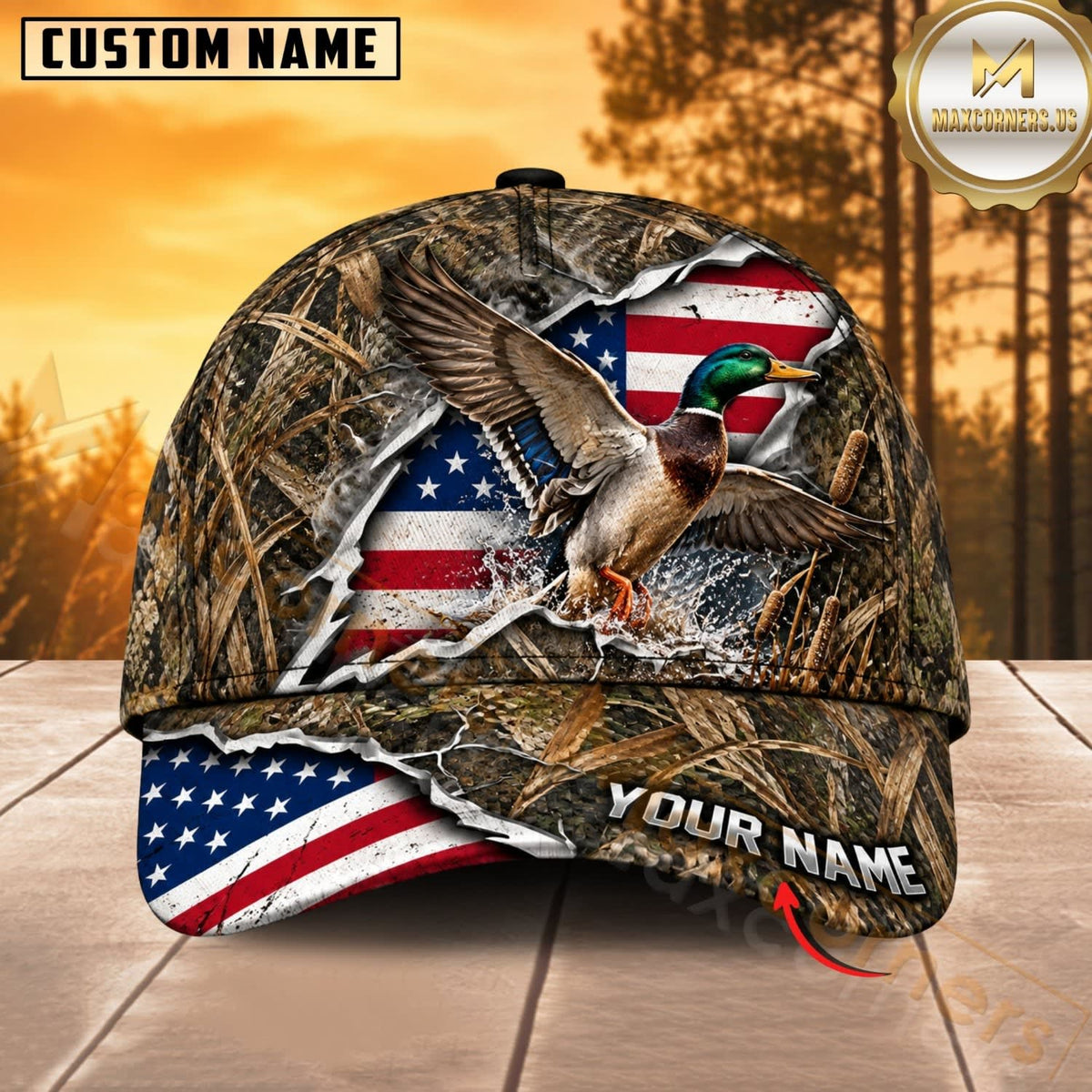 Maxcorners Hunting Wildlife Woodland Camo Ripped American Flag Personalized Name 3D Cap