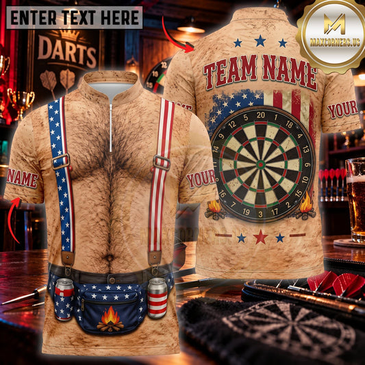 Maxcorners Darts Funny Hairy Chest American Flag Underwear Golden Dartboard Personalized Name 3D Unisex Shirt