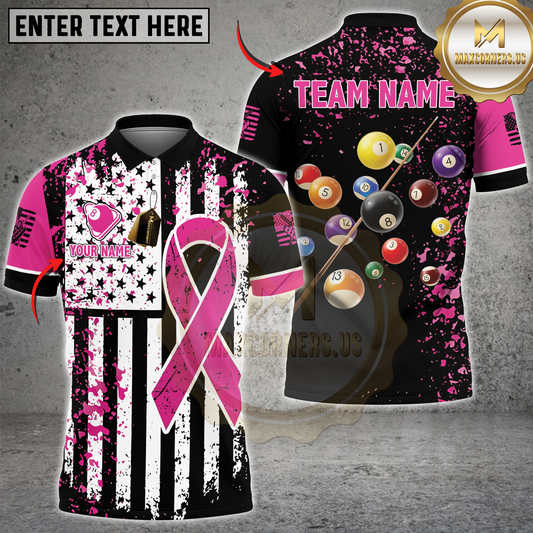 Maxcorners Pink Ribbon Black Grunge American Flag Custom Billiard Shirt For Men, Breast Cancer Billiard Jersey LM1809