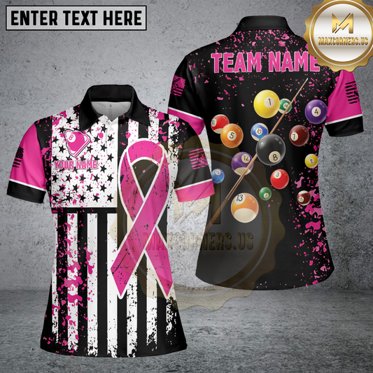 Maxcorners Pink Ribbon Black Grunge American Flag Custom Billiard Shirt For Men, Breast Cancer Billiard Jersey LM1809