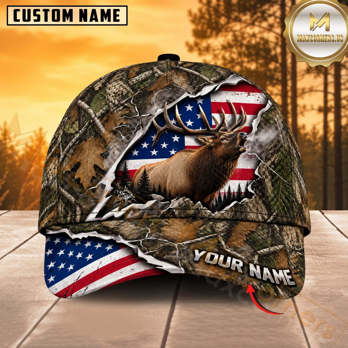 Maxcorners Hunting Wildlife Woodland Camo Ripped American Flag Personalized Name 3D Cap