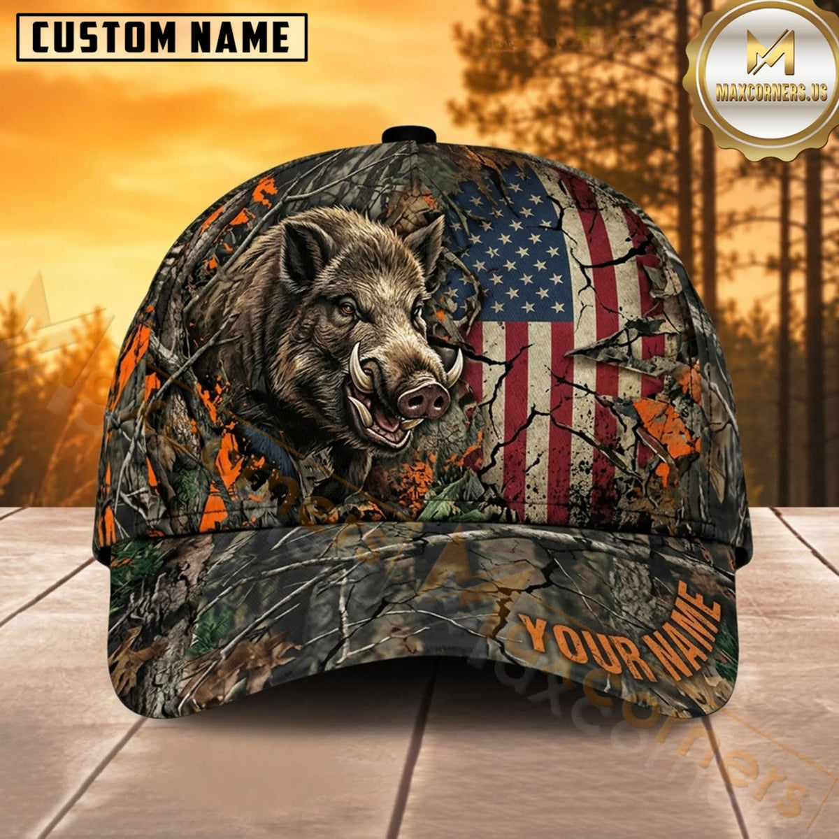 Maxcorners Boar Hunting Wild Boar American Flag Orange Forest Camo Customized Name 3D Cap