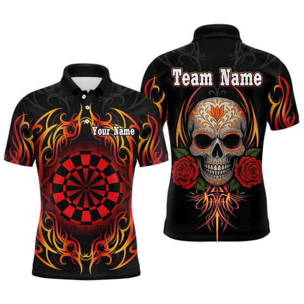 Maxcorners Men's Custom Darts Shirt With Roses Skull Polynesian Pattern And Red Dartboard LM1605