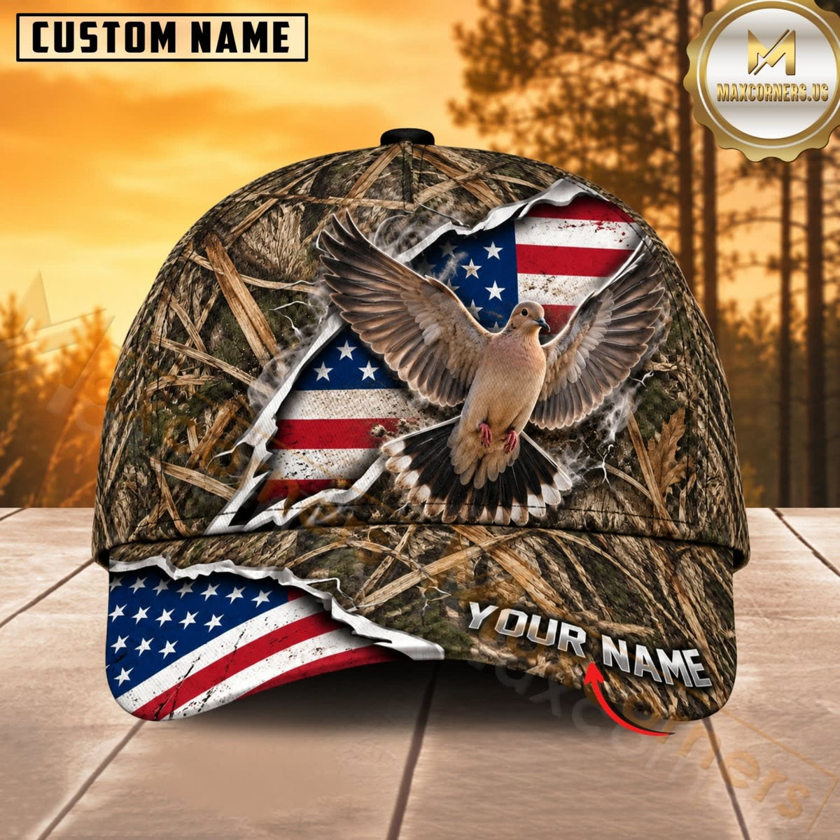 Maxcorners Hunting Wildlife Woodland Camo Ripped American Flag Personalized Name 3D Cap