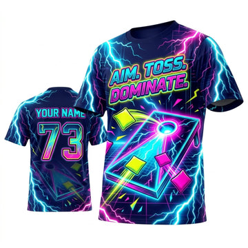 Maxcorners Cornhole Aim Toss Dominate Electric Blue Neon Personalized Name 3D Unisex Shirt