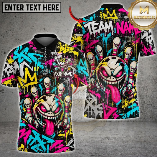 Maxcorners Bowling Cartoon Monster Skull Crown Street Art Splatter Pins Artwork Multicolor Customized Name, Team Name 3D Shirts