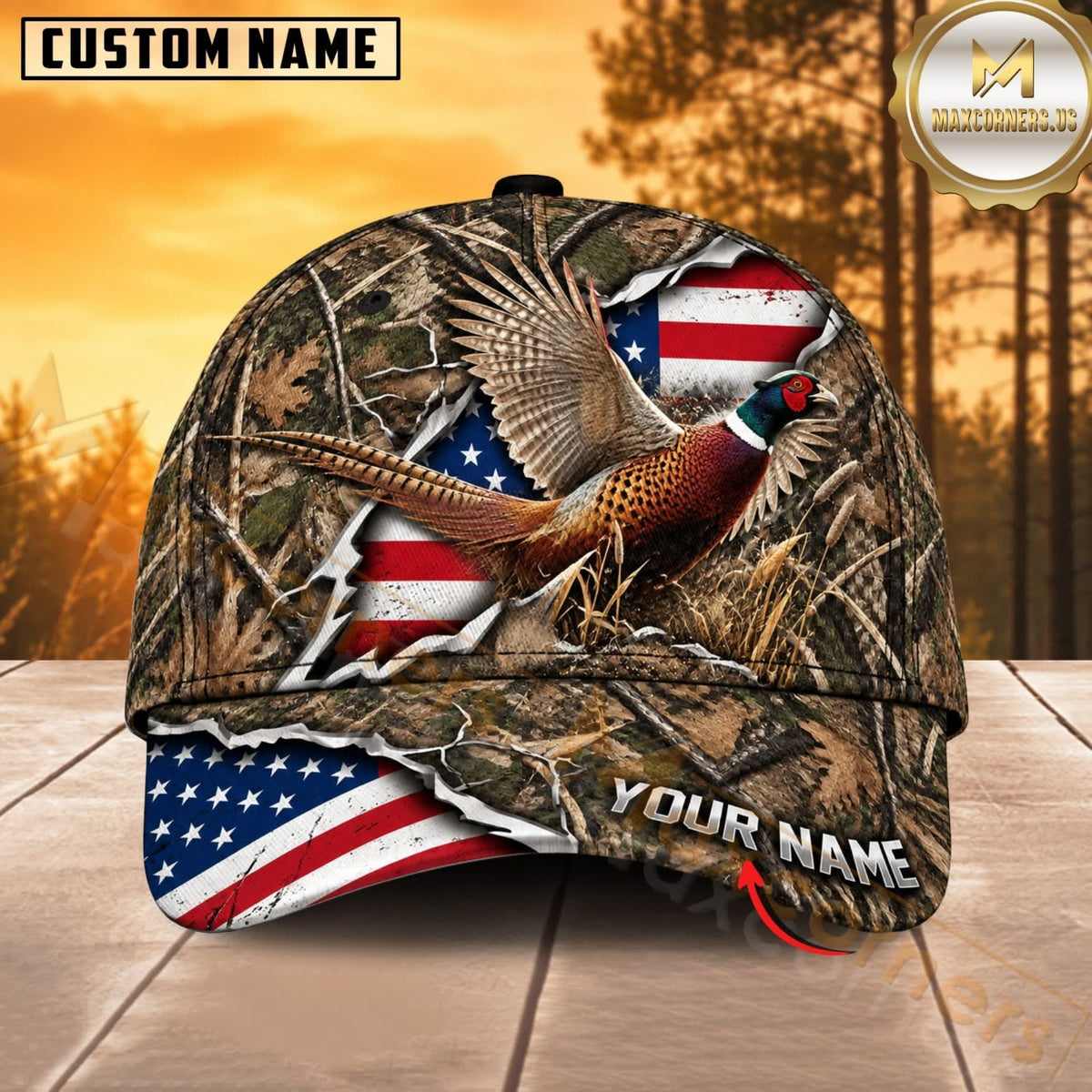 Maxcorners Hunting Wildlife Woodland Camo Ripped American Flag Personalized Name 3D Cap