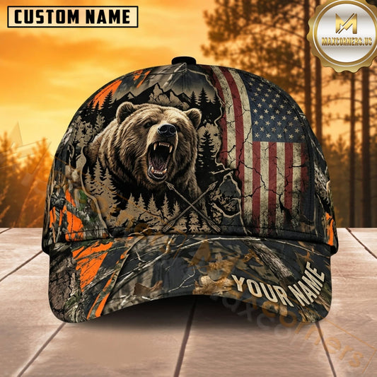 Maxcorners Bear Hunting Brown Bear Roaring Bear American Flag Blaze Orange Camo Customized Name 3D Cap