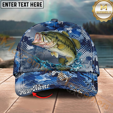 Maxcorners Fishing Blue Camouflage Splash Personalized Name 3D Cap (12 Fish Species)