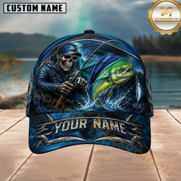 Maxcorners Fishing Skull Fisherman Deep Blue Ocean Personalized 3D Cap