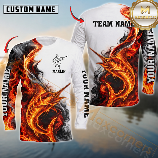 Maxcorners Fishing Fire Flame Smoke Design Sun Protection Personalized Name, Team Name Long Sleeve Shirt